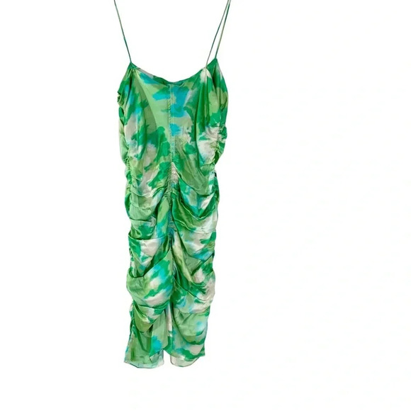 GANNI Silk Stretch Satin Ruched Mini Dress Lily Green Size 34 or US XS NWT - Picture 4 of 12